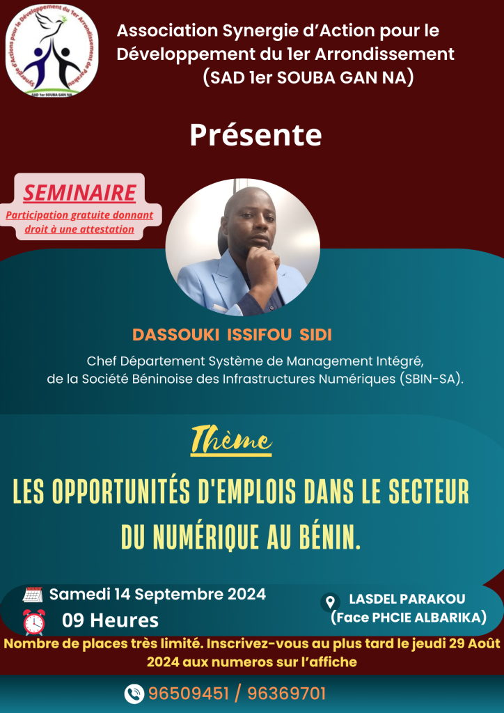 Parakou: SAD 1er Souba Ga Na offre un séminaire de formation pour la jeunesse de Parakou sur les opportunités d’emploi dans le numérique