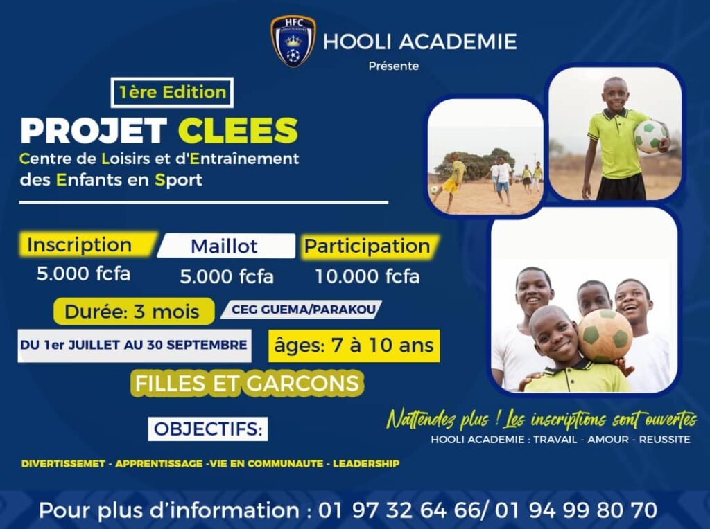 SPORT : AFIN D&rsquo;INITIER LES ENFANTS AU SPORT PENDANT LES VACANCES Hooli Académie lance la première édition du Projet CLEES à Parakou