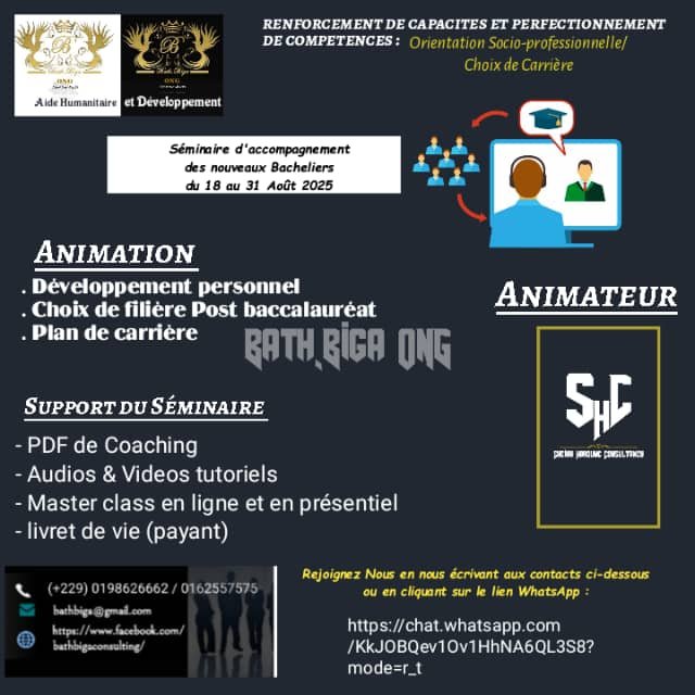 ÉDUCATION/PARAKOU: Séance d&rsquo;orientation pour les nouveaux Bacheliers et Étudiants L’ONG Bath Biga et Shehé Jamaïque Consulting lancent un séminaire d’accompagnement intensif