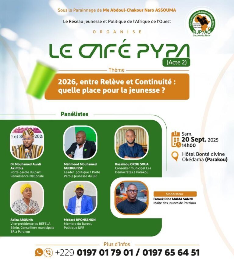 Parakou/Acte 2 du café Jeunesse et Politique : Le Réseau  Jeunesse et Politique de l&rsquo;Afrique de  l&rsquo;Ouest donne rendez-vous ce samedi pour un panel d&rsquo;échanges