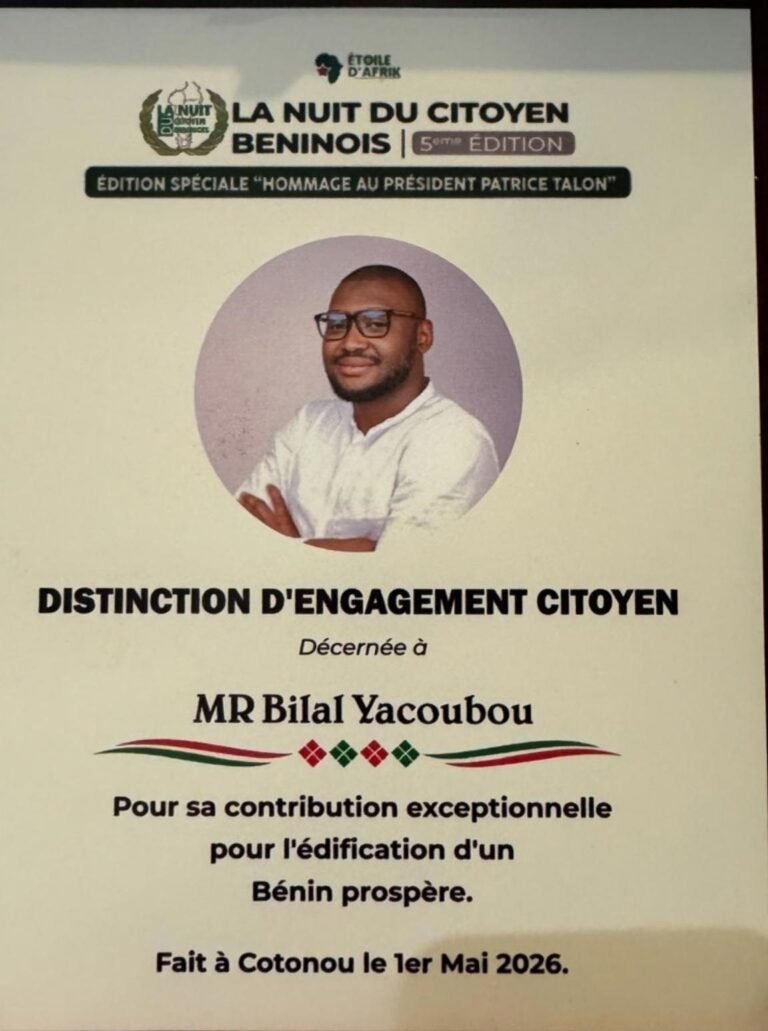Présidentielle 2026: Pour son leadership de proximité et son engagement aux côtés des populations Bilal Yacoubou reçoit une distinction citoyenne.